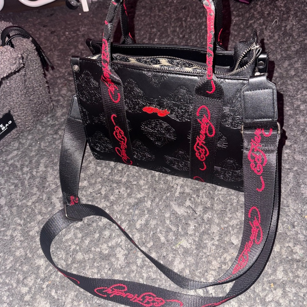 Ed Hardy Black Crossbody Bag with Red Accents